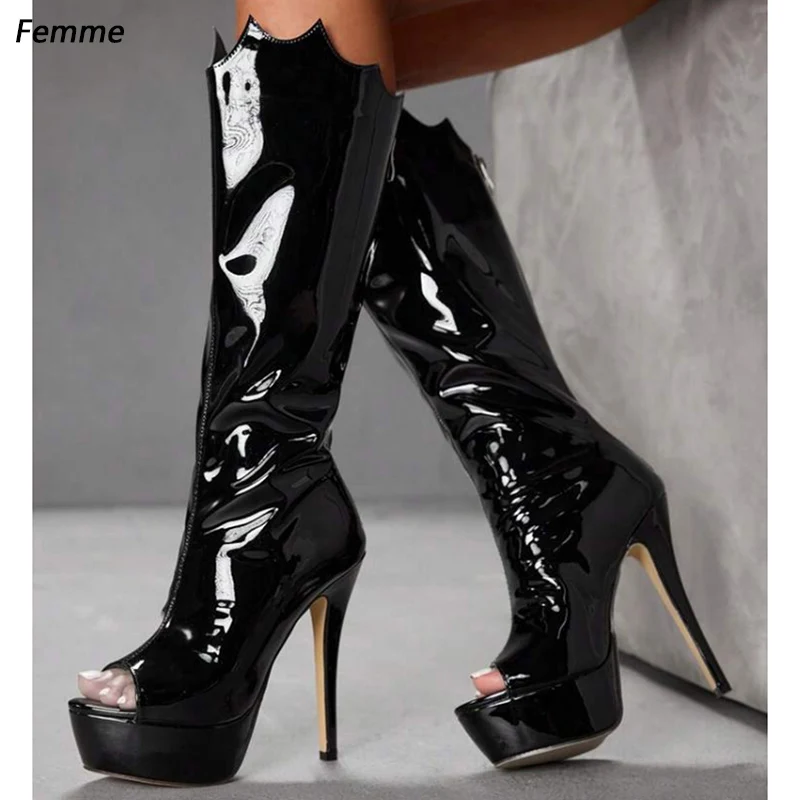Femme Women's Fashion Knee-High Boots, Handmade Black Patent Leather Platform Peep Toe Stiletto Heels Size 5-20