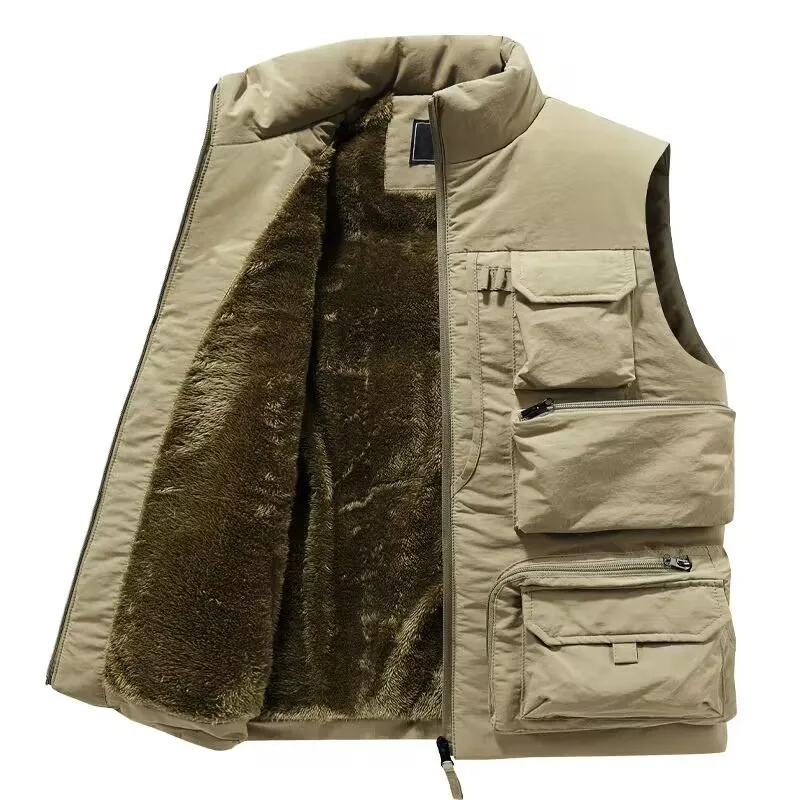 

Winter Vests Men's Fleece Thickened Vest Multi-Pocket Tooling Outdoor Photography Fishing Sleeveless Coats Waistcoat Warm Tops