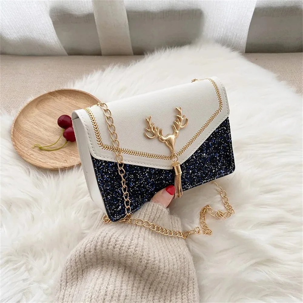 Women Fashion Shoulder Bag Deer Head Pendant Decoration Crossbody Bag Leather Button Underarm Luxury Chain Lady Small Square Bag