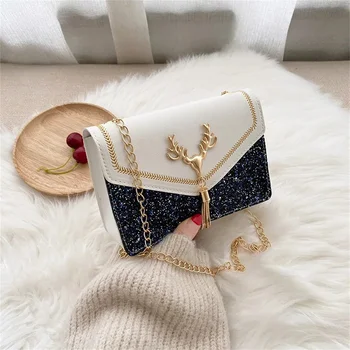 Bolso de hombro a la moda para mujer, decoración de cabeza de ciervo, bolsos de mensajero de cuero Pu con botones, cadena de lujo para axila, bolso cuadrado pequeño para mujer