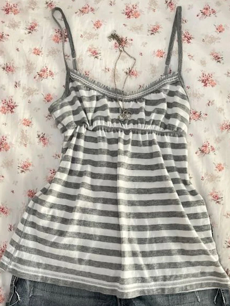 Tirantes para mujer, patrón de rayas, informal, Y2K, retro, moda Harajuku, nueva calle punk, dulce hip hop, bonito hottie, tops cortos para bebé emo