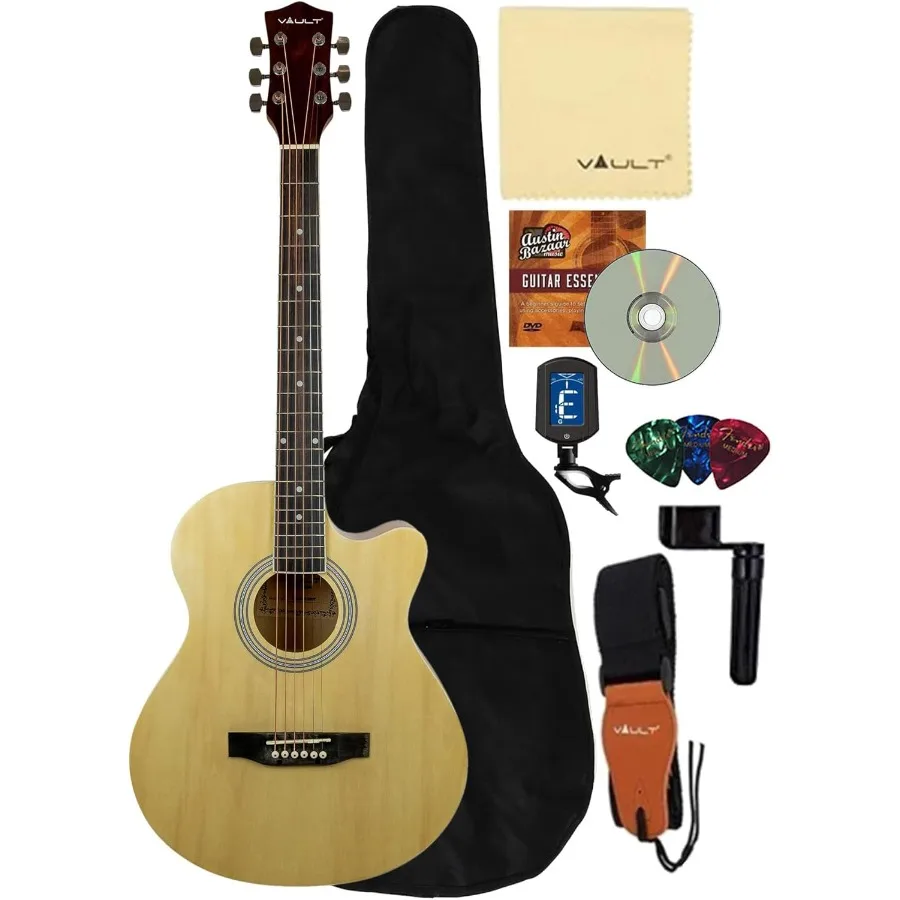 

Полноразмерная акустическая гитара с вырезом из натуральной отделки с комплексной комплектом аксессуаров, включая сумку для концерта, тюнер, ремешок и