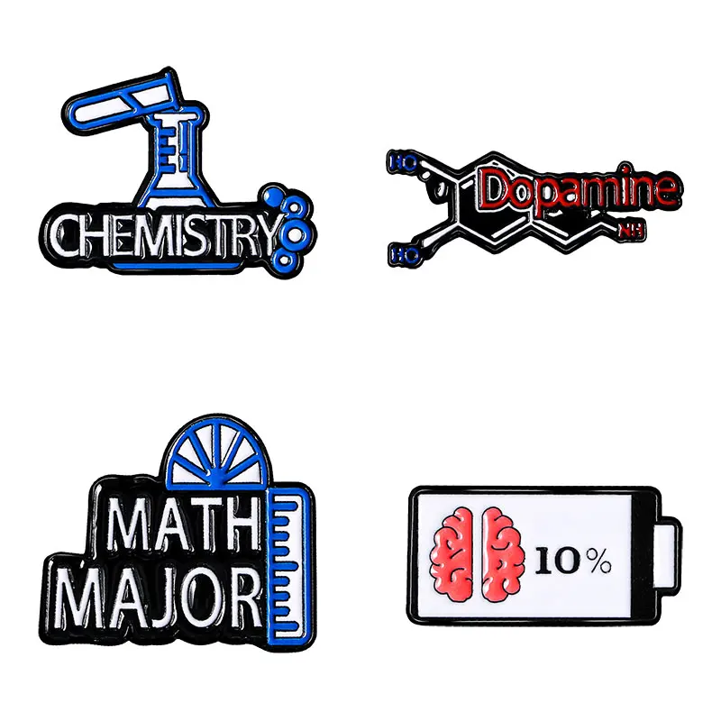 4Pcs/Set Creative Chemistry Math Major Enamel Pins Dopamine Formula 10% Brains Brooches For Student Teacher Gift