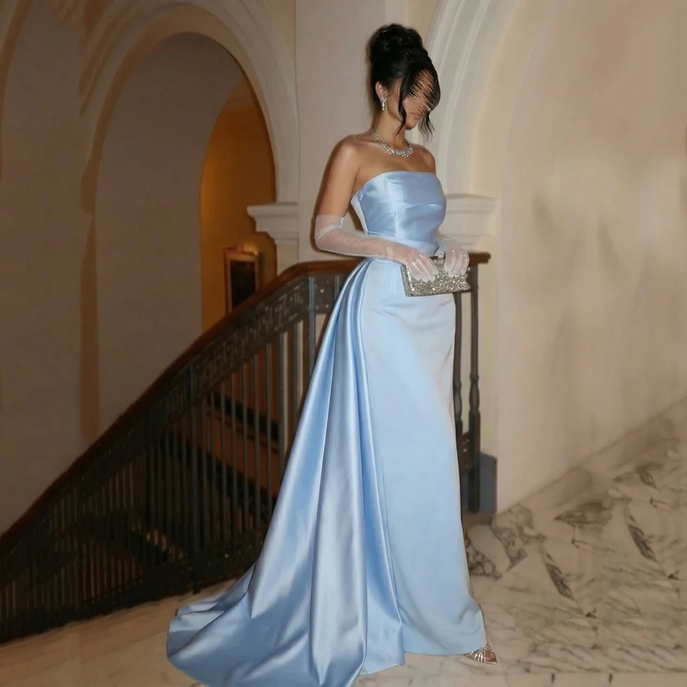 Customized Saudi Arabic Strapless Evening Dresses Satin Wedding Party Dress Formal Evening Gown With Draped Train Prom Dresses