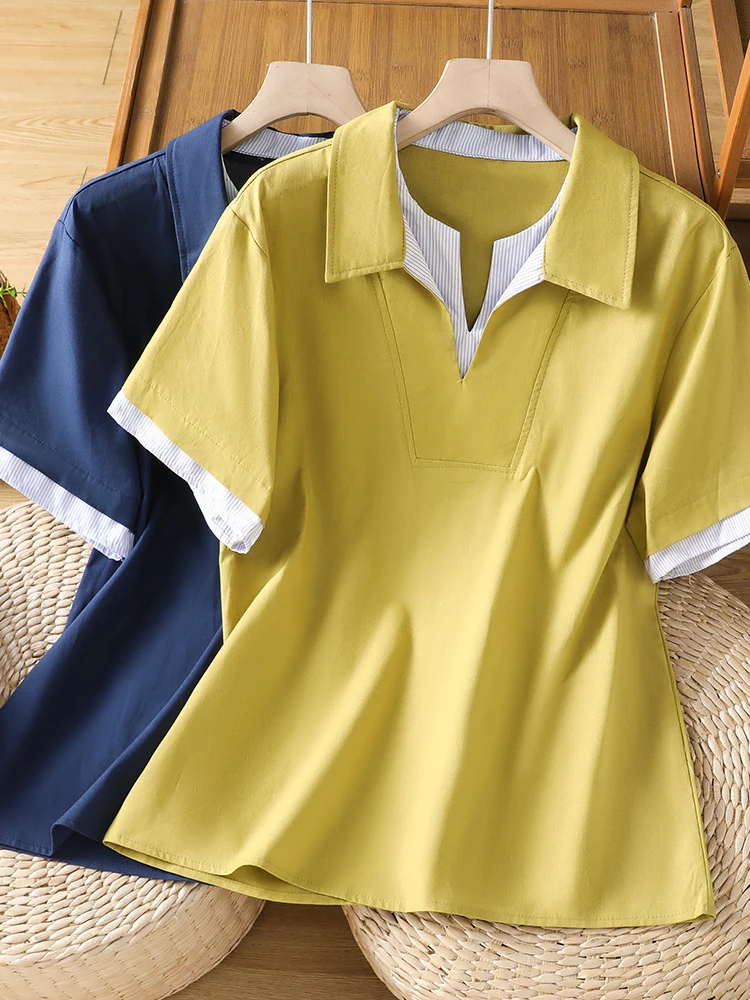 

Yellow Loose Short Sleeve Shirt Women's plus Size Patchwork Casual Collar Top Fake Two-Piece Style Summer Leisure Fashion