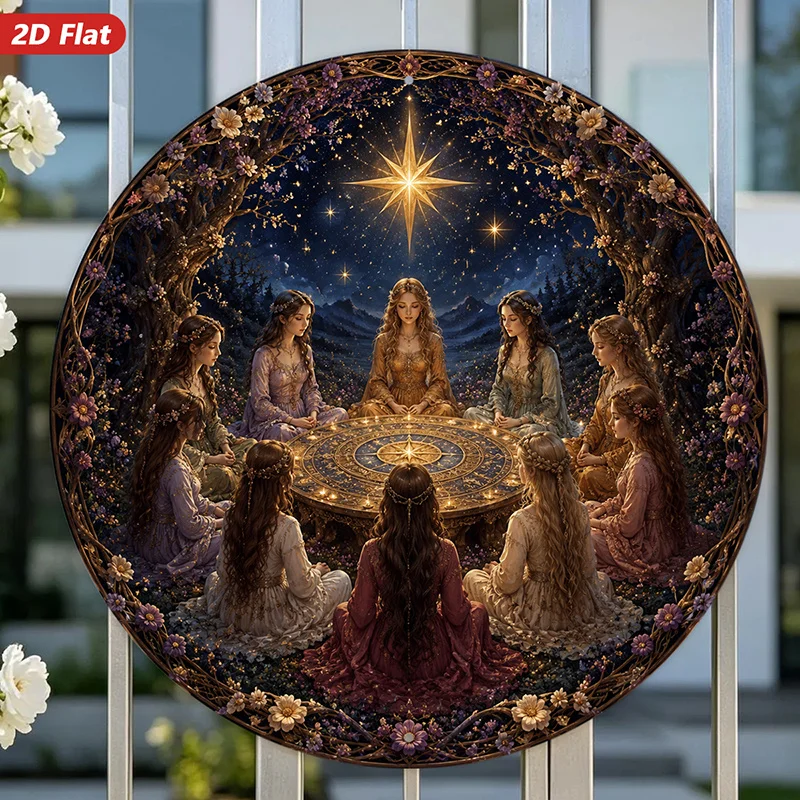 CIFBUY 2D Flat Round Metal Wall Art Sky Sisters Decorative Sign Waterproof Weatherproof Durable Home Decor for Bedroom Garden Pa