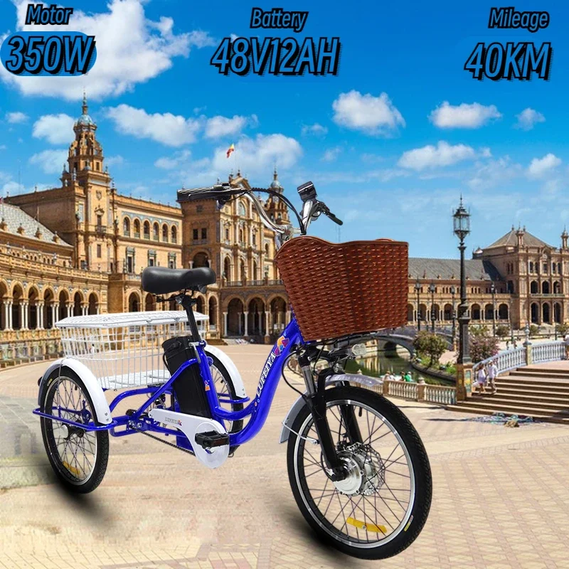 New 3-Wheeled Electric Bicycle 350W Motor 48V 12AH Lithium Battery City Travel E-Bike Large Storage Basket Cargo 3-Wheeled Bike