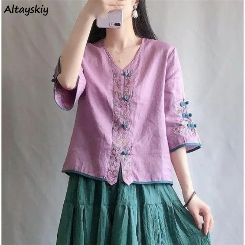 Summer Shirts Women Buckles Embroidery Vintage V-neck Half Sleeve Chinese Style Loose Temperament Chic Attractive Leisure 4XL