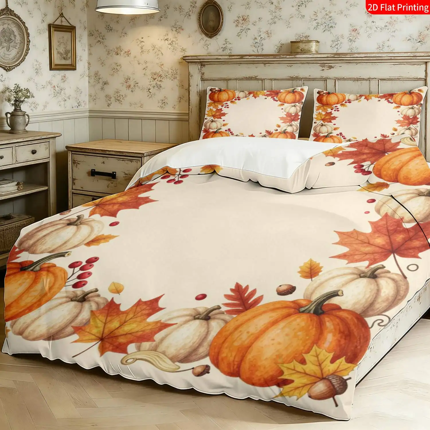2D Modern Autumn Harvest Bedspread with Pillowcases, Suitable for Various Occasions, with Rice Orange and White Pumpkin, Maple Leaf, and Acorn Print, Zippered Bedding Set for Autumn Decoration, Machine Washable
