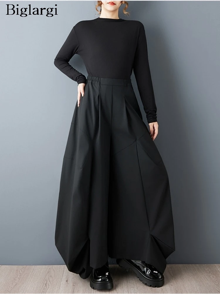 

Весенние широкие брюки большого размера, женские модные эластичные брюки с высокой талией, женские брюки, плиссированные женские черные брюки в стиле Харадзюку