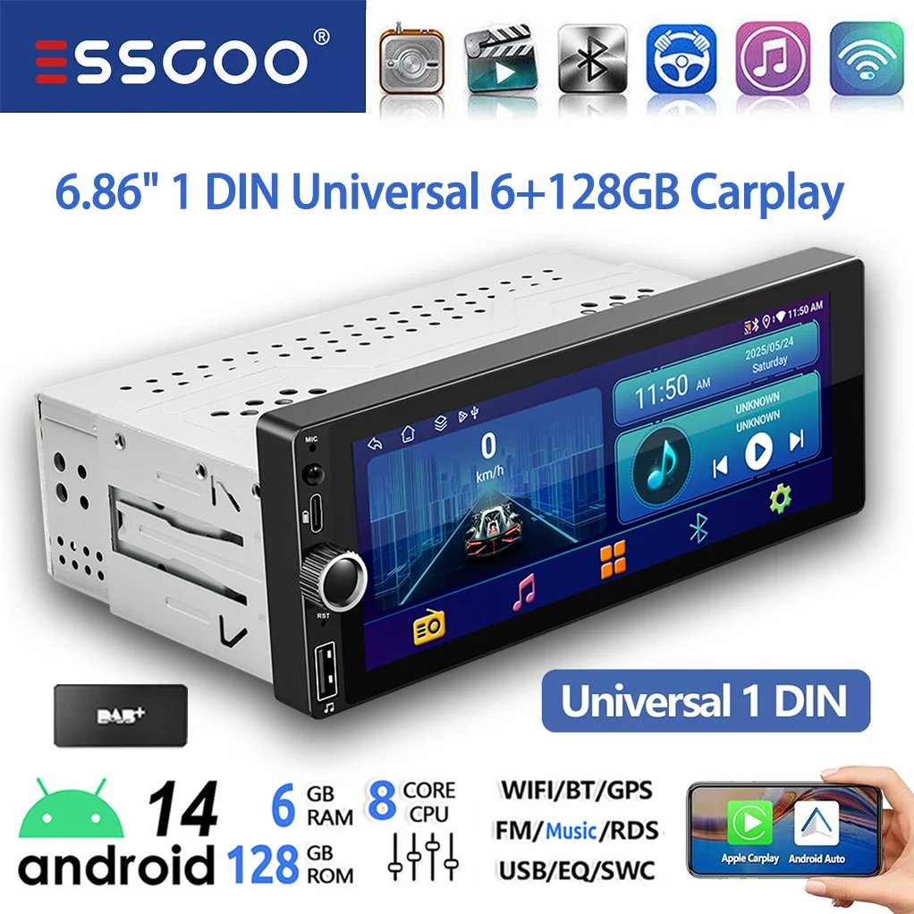 ESSGOO Enkele 1 DIN 6.86 "Android 14 6 + 128G Universele autoradio Radio CarPlay Android Auto BT USB Type-C 4G Wifi AM FM GPS Navi