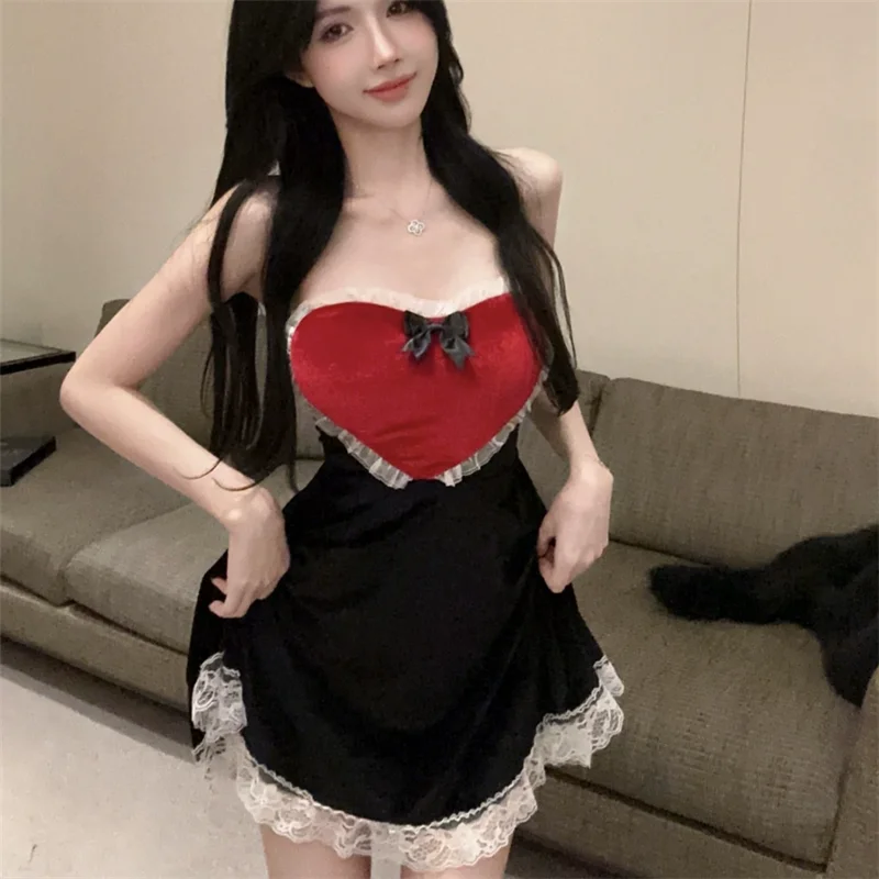 

Women 2025 New Spring Summer Black Velvet Mini A Line Dress Small Girl Sexy Strapless Lace Hem Small Girl Bow Short Party Dress