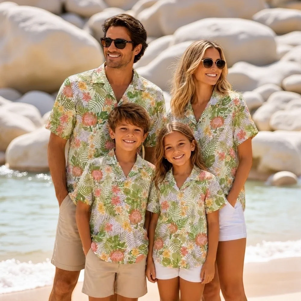 Family Summer Tropical Floral Hawaiian Shirts Hawaii Beach Floral Matching Outfits Mom Dad Kids Gift for Vacation T-Shirt Tops