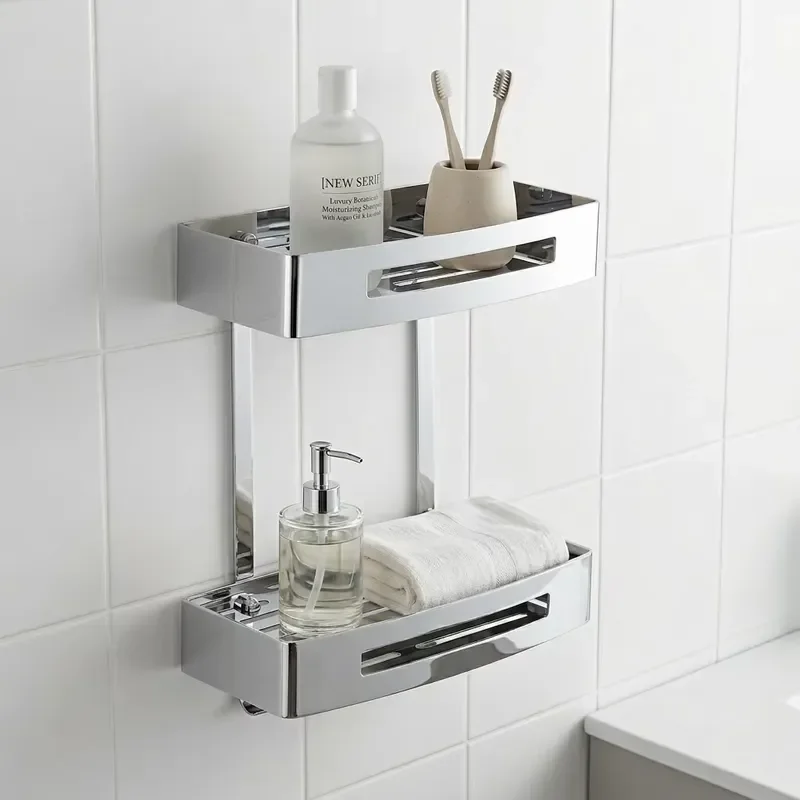 Modern Simple Stainless Steel Double Layer Wall Mounted Square Bathroom Storage Rack for Toilet