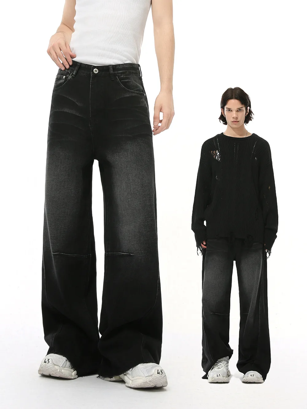 

2025 New American retro high street three-dimensional design splicing jeans men's straight tube loose wide leg pants trendy