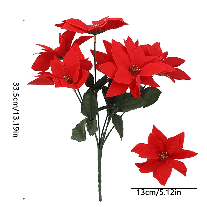 35 سنتيمتر عيد الميلاد شجيرات البونسيتة الاصطناعية فو 7 رؤساء الأبيض الأحمر الحرير الاصطناعي زهرة عيد الميلاد باقة حفل زفاف ديكور #6