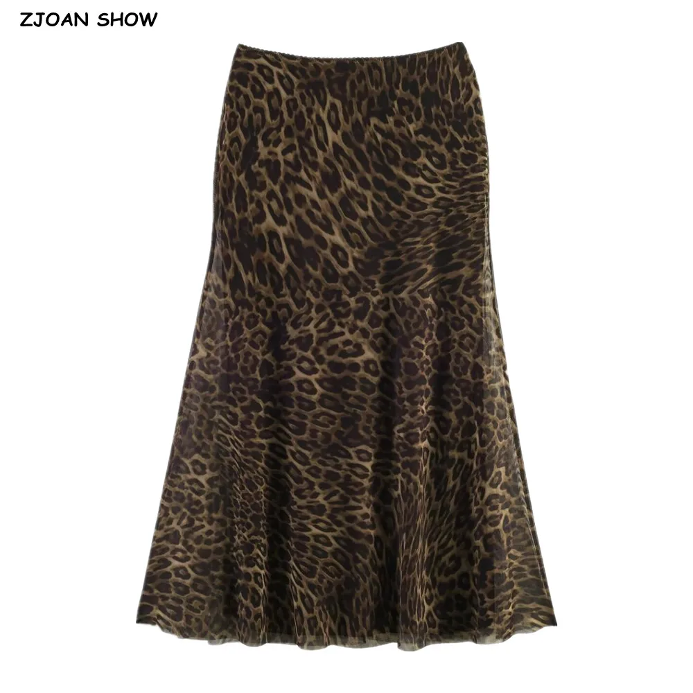Spring Summer Sexy Animal Leopard Print Mesh Mermaid Skirt Women Elastic Low Waist Package Hips Ankle Length Long Skater Skirts