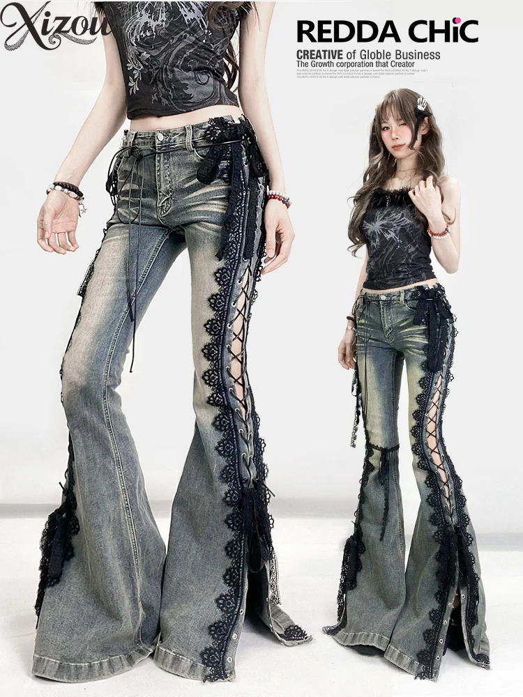 

Spring Autumn Retro Hot Girl Black Lace Tie Women's Denim Jeans Fashion Flared Pants Slim Fit Floor-Length Slit Jean Trousers