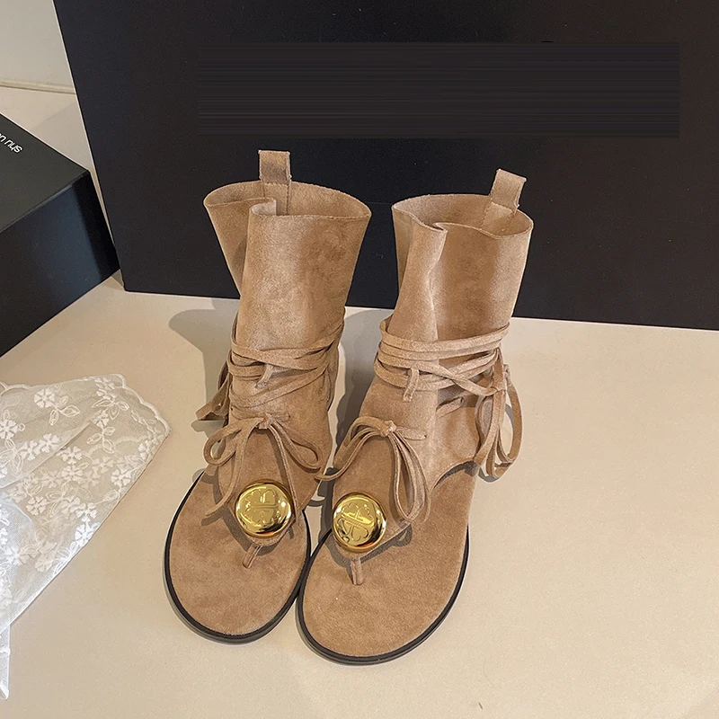 Summer Vintage Women Gladiator Flip Flops Thong Sandals Gold Metal Decor Lace Up Open Toe Non Slip Casual Beach Shoes for Women view 5