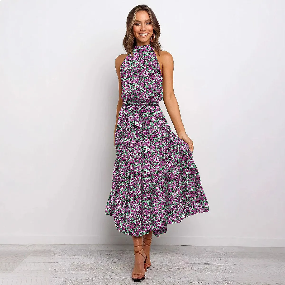 Women's Long Dress Wrap V Neck Polka Dot Print Tie Backless Maxi Dresses Summer Spring