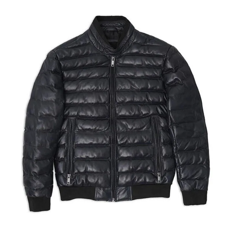 Men Genuine Real Lambskin Black Bomber Leather Jacket Padded Puffer Jacket