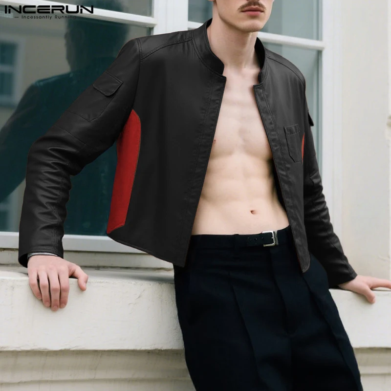 

INCERUN Men Jackets Patchwork PU Leather Stand Collar Long Sleeve Male Coats Streetwear 2025 Zipper Fashion Casual Crop Jackets