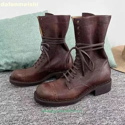 Genuine Leather Splicing Short Boots Cowhide Thick Bottom Lace-Up Motorcycle Boots 2026 Women's Black/white Western Cowboy Boots