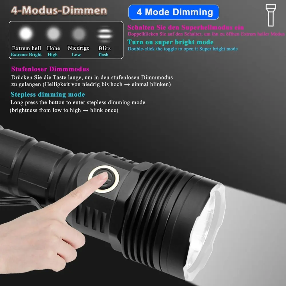 High Power ST40 LED Light Cup Flashlights Fixed Focus Long Range Waterproof Tactical Flash Light USB Rechargeable Camping Torch