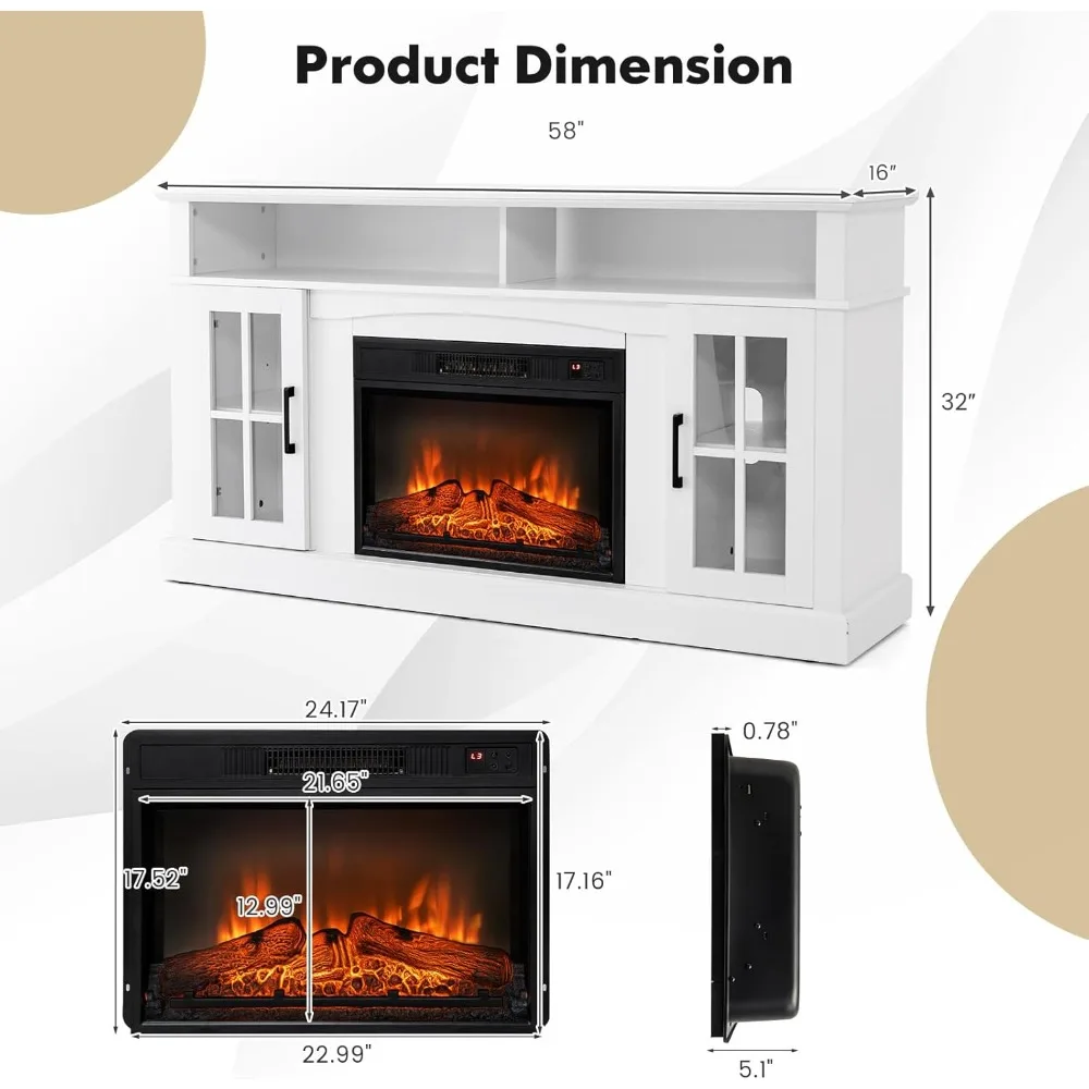 65 Electric Fireplace TV Stand with 1400W Heater, Remote Control, 6H Timer, 3-Level Flame Settings