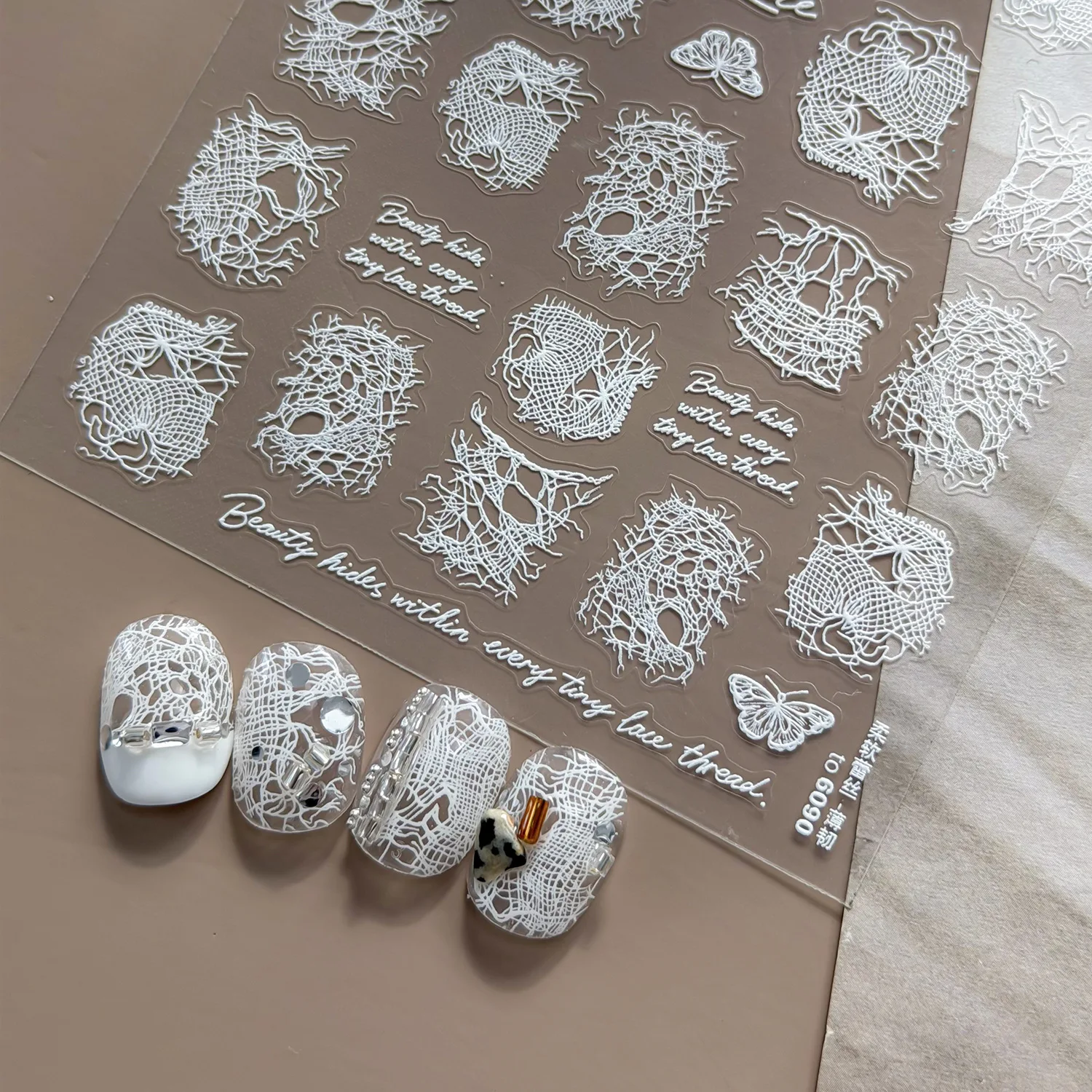 White Broken Lace 5D Nail Stickers Irregular Lace Fragments Hollow Tulle Butterfly French Retro Self Adhesive Decals Manicure
