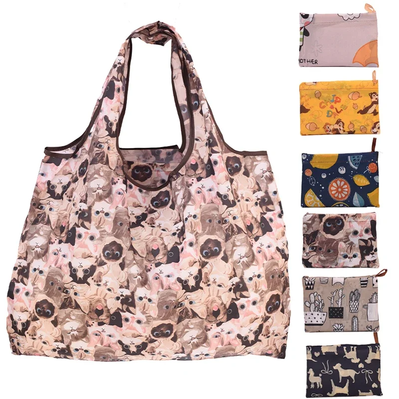 Creative Cat Panda Animal  Flower Pattern Large Folding Shopping Bag Easy To Carry Reusable Large Capacity Eco Storage Handbag