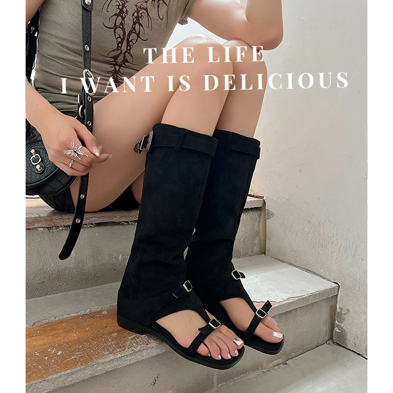 Women's Suede Open-Toe Knee-High Boots with Gold Buckles Flat Sandal Booties for Y2K Edgy Street & Grunge Fashion Style