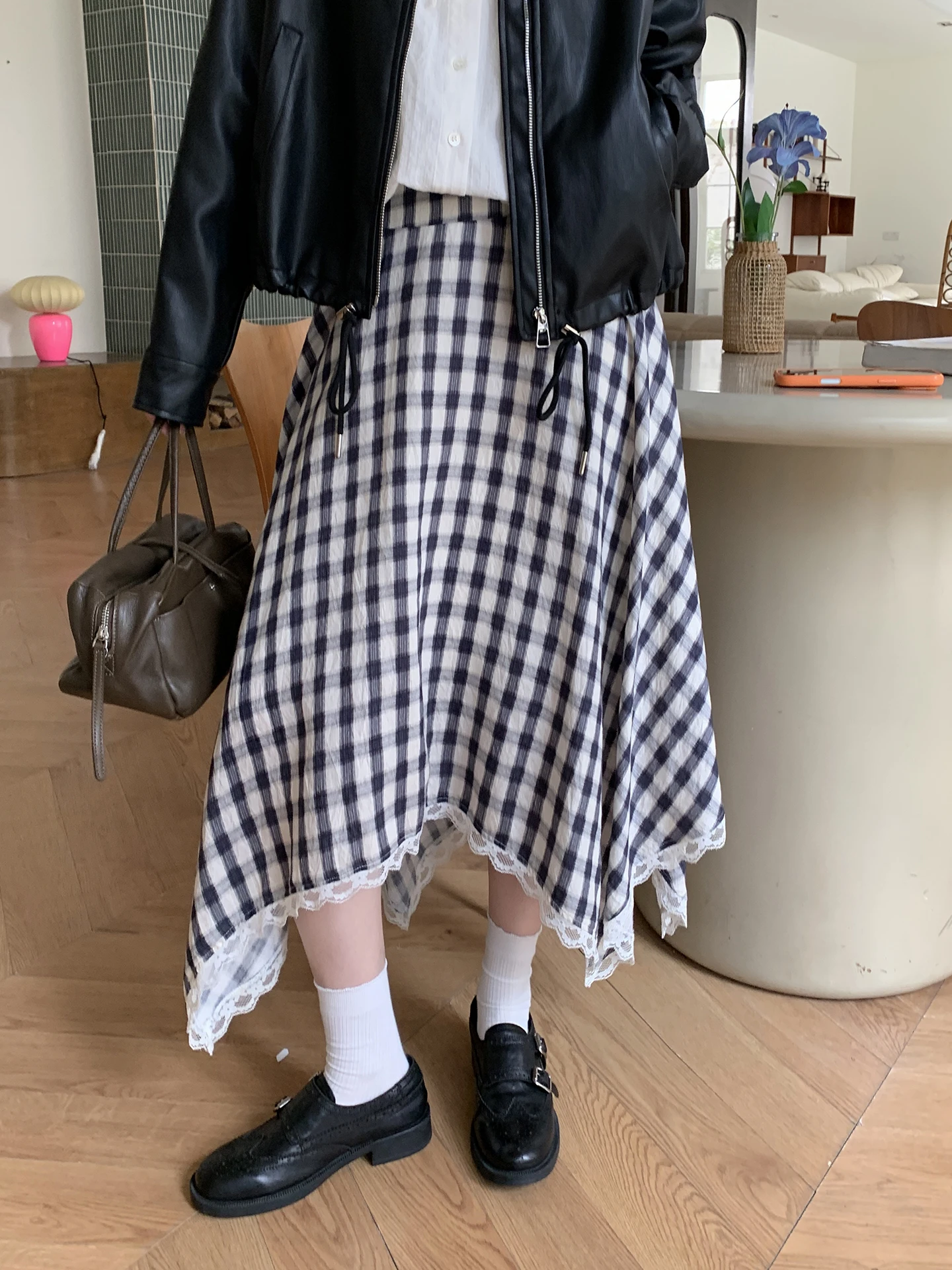 

Женская асимметричная юбка миди Xuanxuan в стиле ретро, с высокой талией, А-силуэт, в клетку, из других материалов, приталенный крой