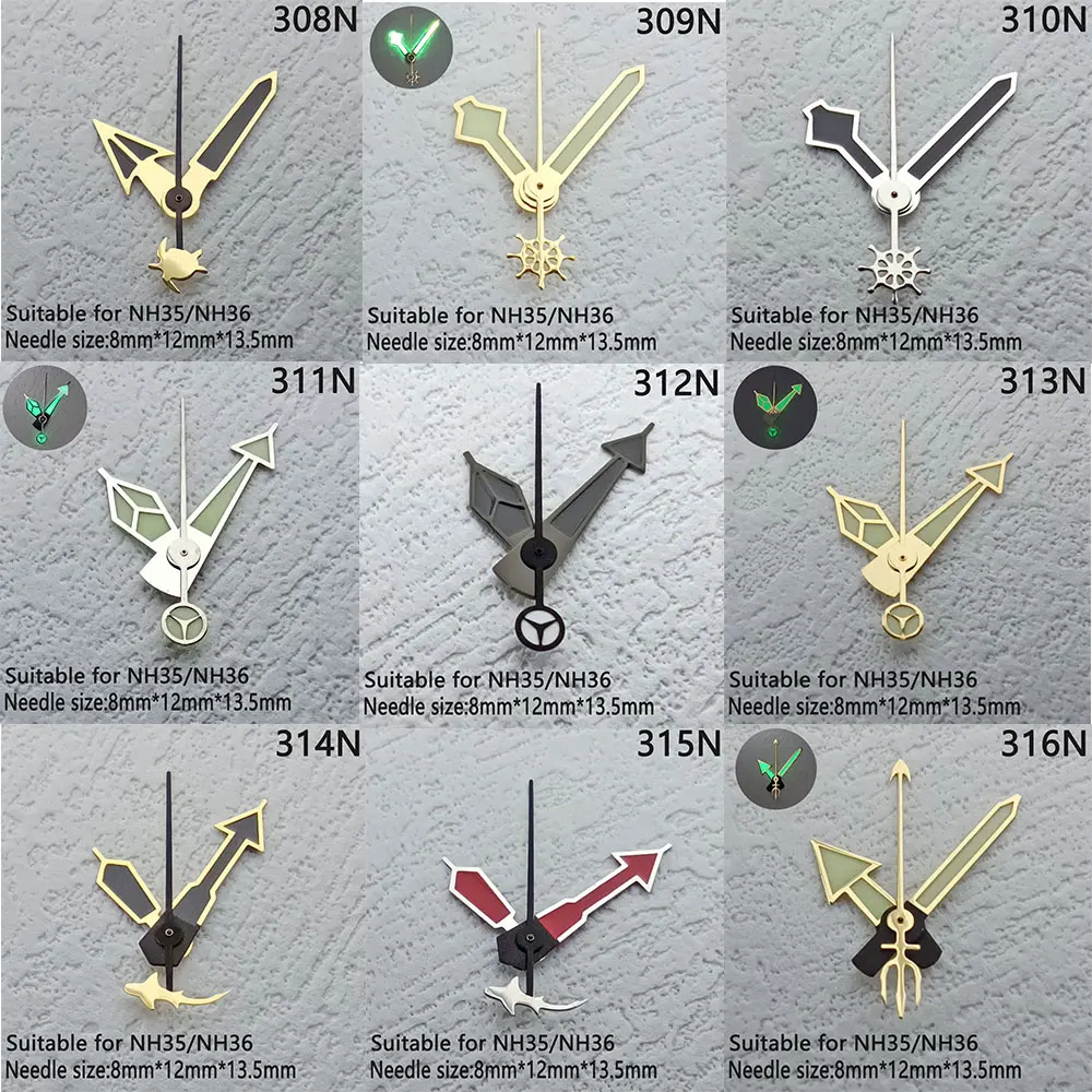 8mm * 12mm * 13mm C3 luminous watch needle FIT nh34 nh35 nh36 8215 movement watch case hour minute hand second hand