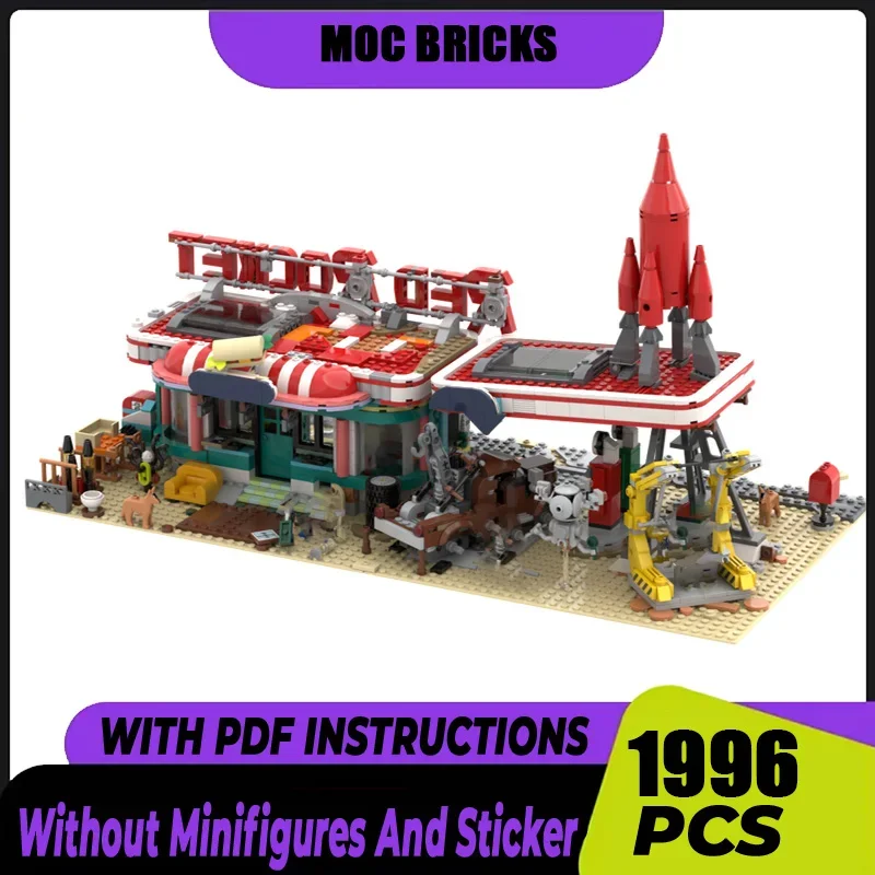 

Moc Building Blocks Red Rocket Modular Gas Station Model Technical Bricks DIY Assembly City Street View Toys Holiday Gifts