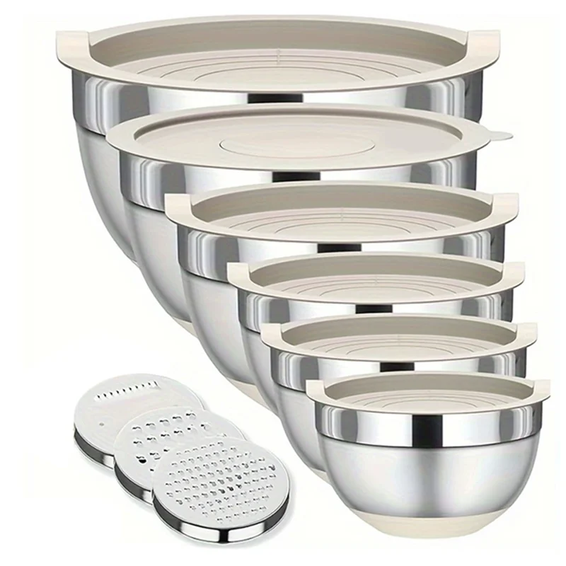 

A03F-Khaki Color 6-Piece Stainless Steel Mixing Bowl Set With Lid, Includes 3 Graters For Salad Storage Nesting Attachment