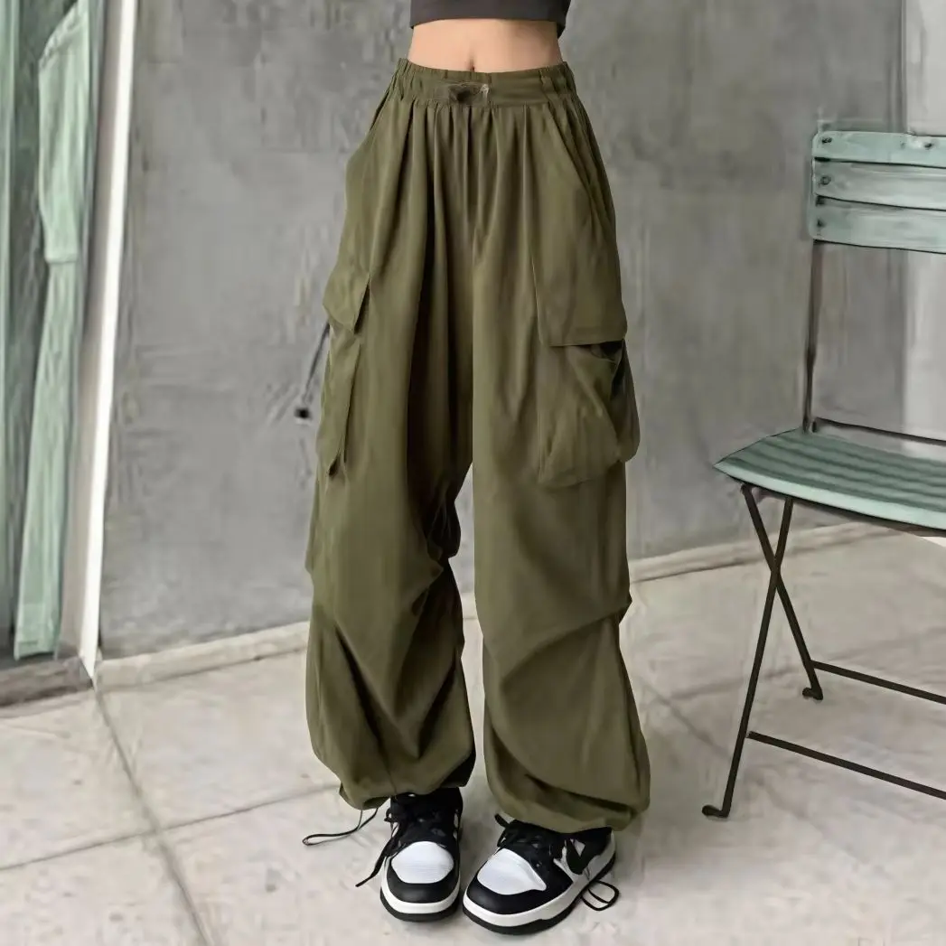 Casual Women's Pants Loose Pockets Elastic Waist High Waisted Lace Up Retro Y2K Office Sweatpants Ladies' Wide Leg Long Trousers