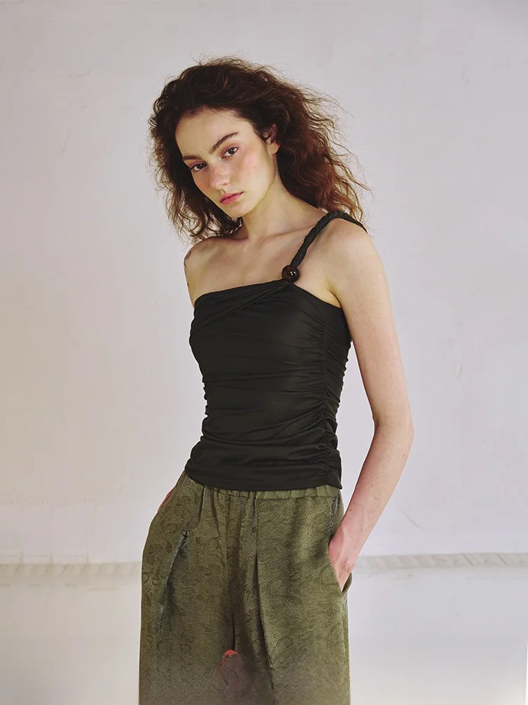 

Hamere Original Design Single Side Knot Beaded Decoration Slimming Pleated Women's Tank Top Faionable Casual Wear