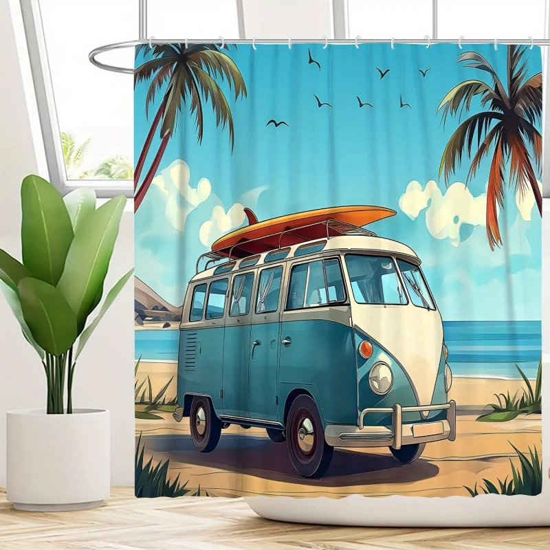 Surfing Beach Scene Shower Curtain Set with Hooks - Machine Washable, Fade-Resistant Polyester Fabric, Coastal Camper Van De