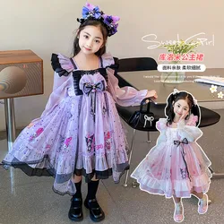 Kawaii Kuromi My Melody Girls Autumn Cartoon Dress Anime Sanrio Girl's Heart Cute Children's Mesh Princess Dress Girls Gifts