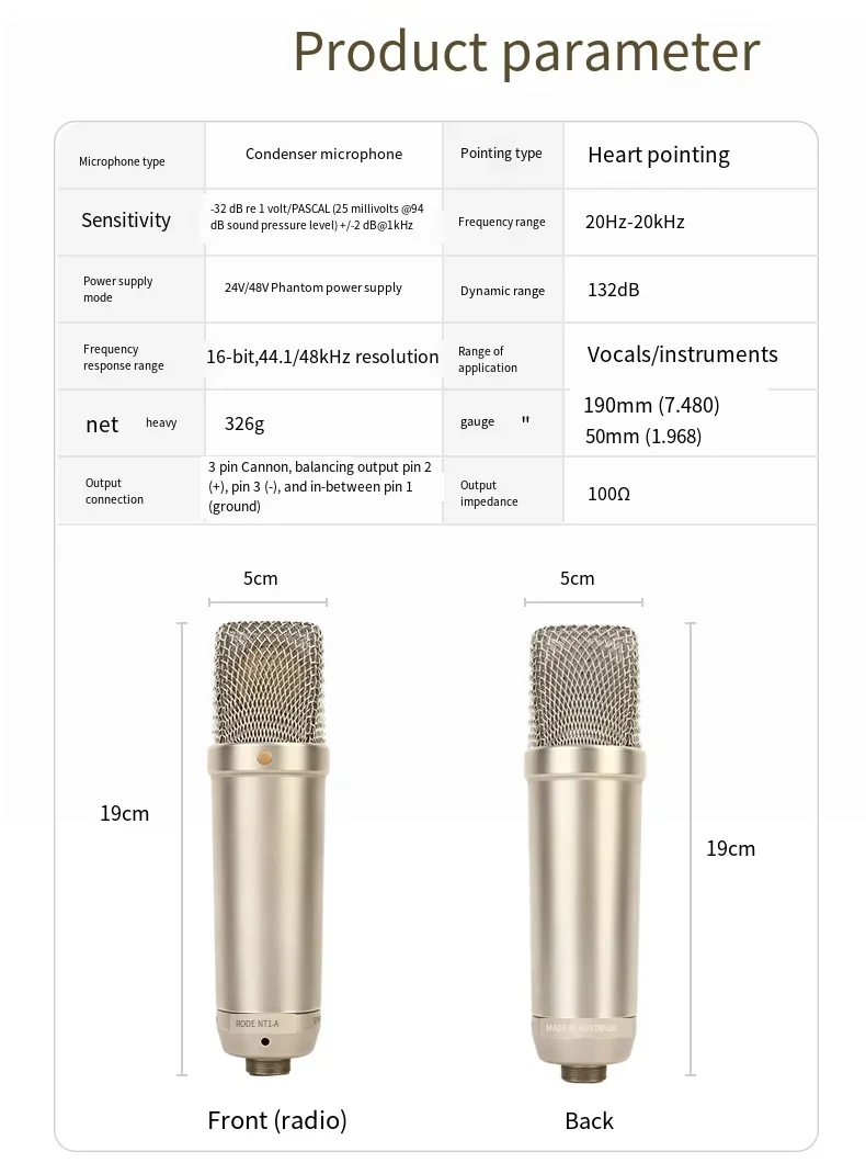 TLF RODE NT1 - 5세대 대형 다이어프램 보컬 콘덴서 마이크 전문가용 홈 라이브 K-송 마이크 레코딩 스튜디오