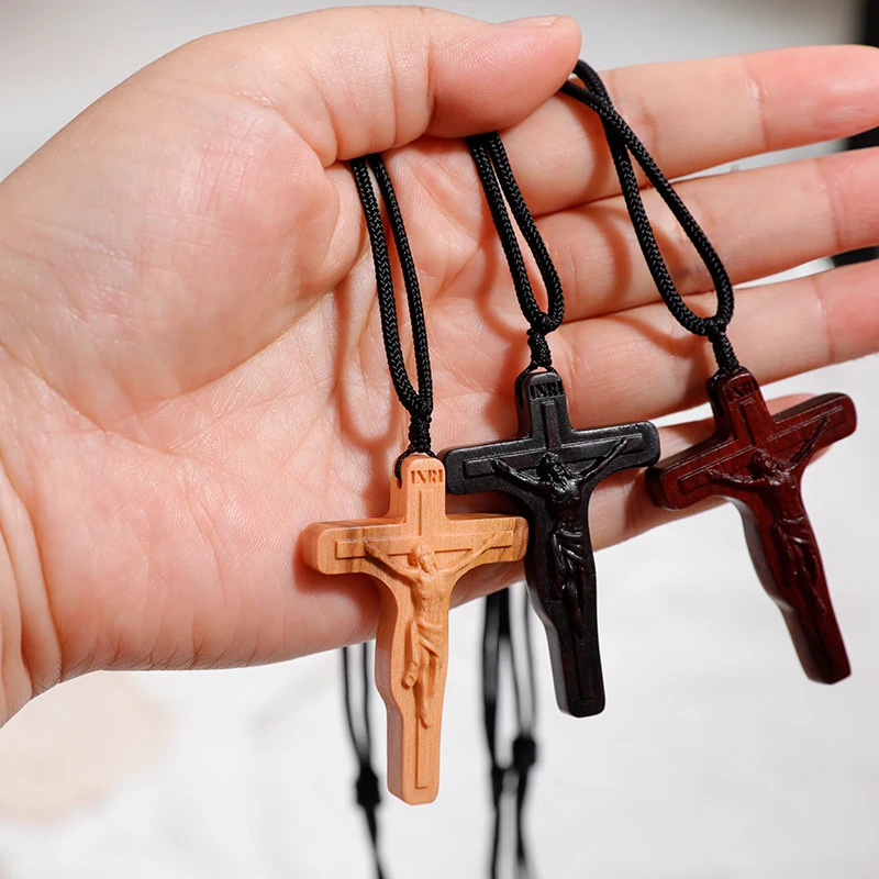 Natural Olive Wood Rosewood Ebony Cross Pendant Necklace with Adjustble Rope Catholic Christian Jewelry Religious gifts Souvenir