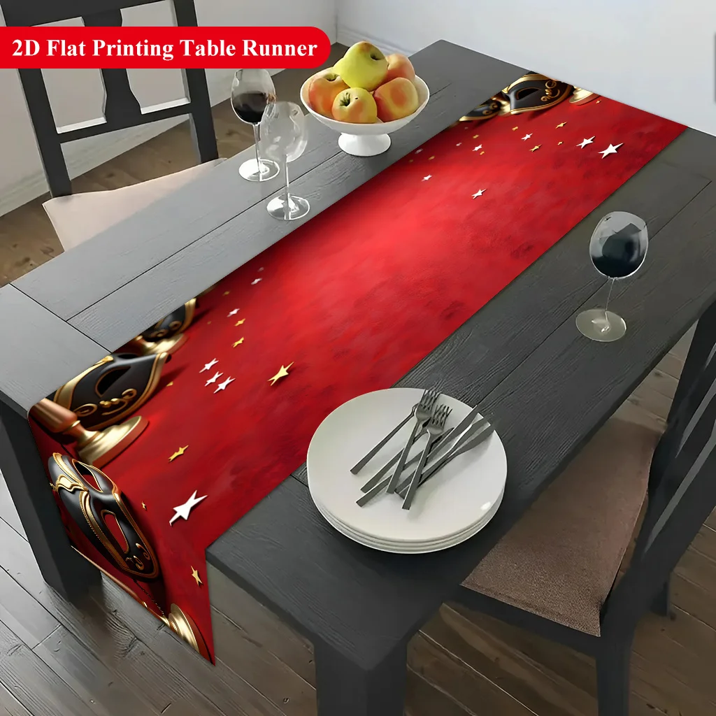 1pc 2D Table Runner, Masquerade Masks & Scattered Stars Polyester Table Runner, Soft Durable, Easy Care, Indoor & Outdoor
