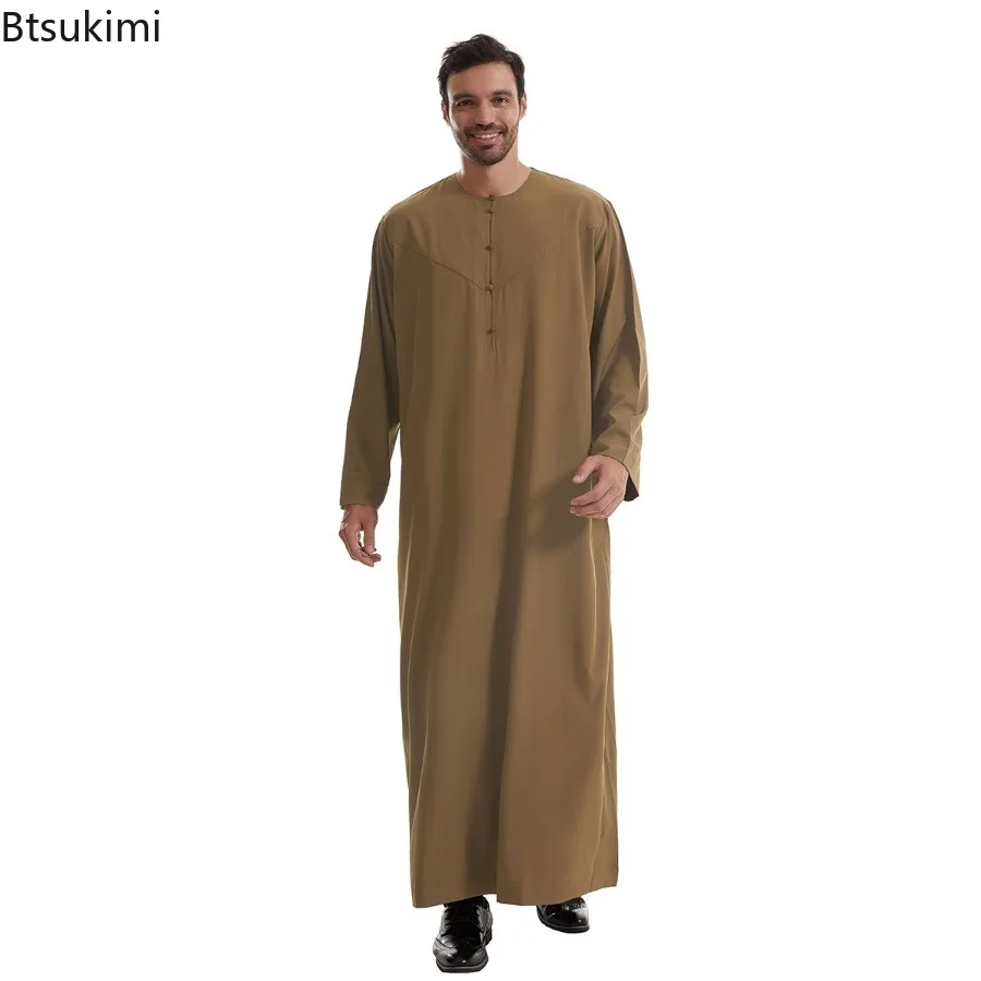 Muslim Fashion Abaya Men Jubba Thobe Long Sleeve Round Neck Prayer Kaftan Dress Robe Eid Ramadan Caftan Morocco Islamic Clothing