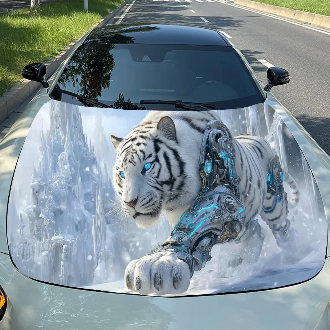 

Cyber Tiger Lord Car Vinyl Wrap, PVC Material Waterproof Car Hood Sticker, Self-Adhesive Scratch-Resistant Stickers for Engine C