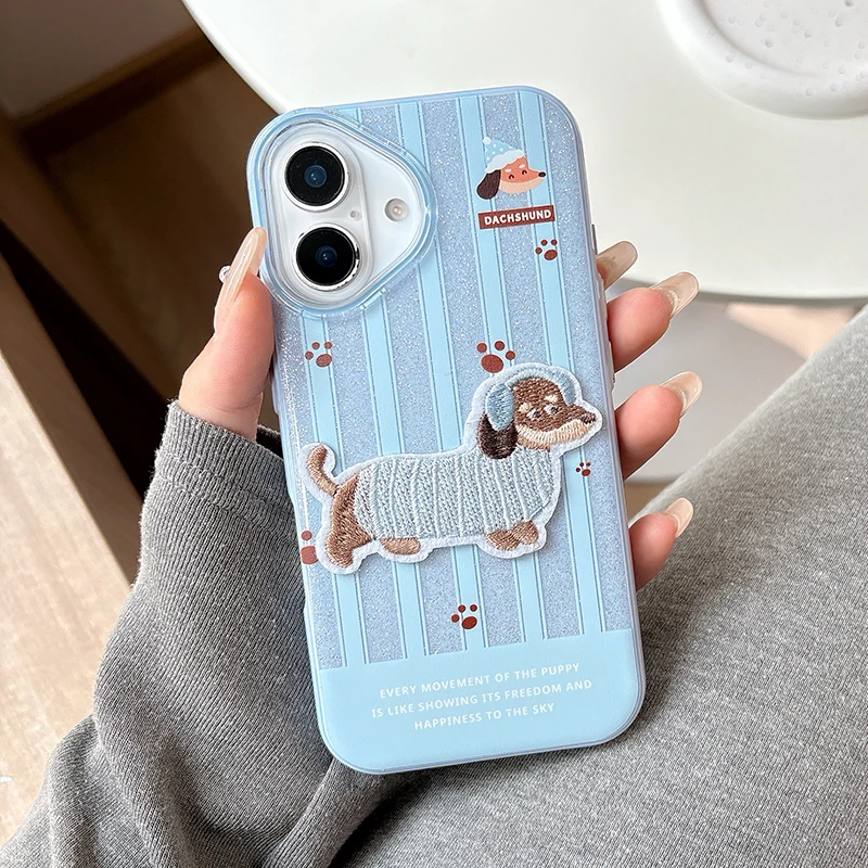 

Cute Embroidered Puppy Glitter Bling Case For iPhone 16 15 13 14 Pro Max Hard Silicone Shockproof Phone Back Cover