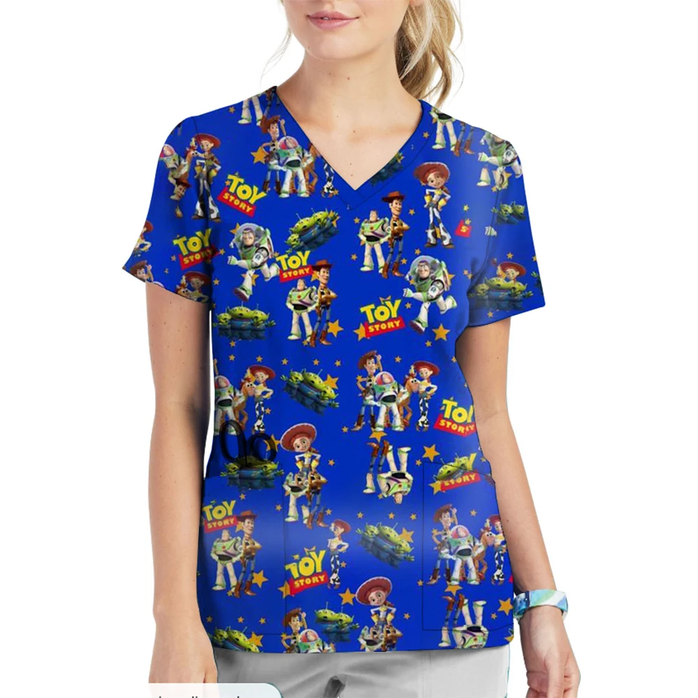 Women Cartoon Disney Toy Story print V-Neck Patched Pocket Medical Scrub Uniforms Nursing Short Sleeve Tops Nursing Surgical Uni