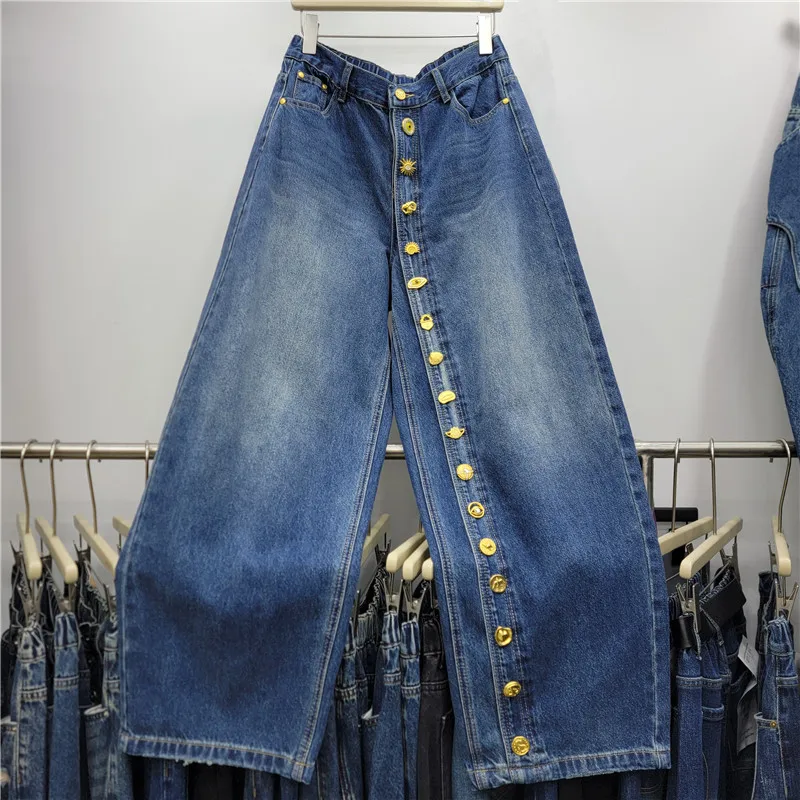 Fashion Metal Irregular Gold Buttons Design Jeans European American Women Autumn High Waist Wide Leg Loose Washed Denim Pants