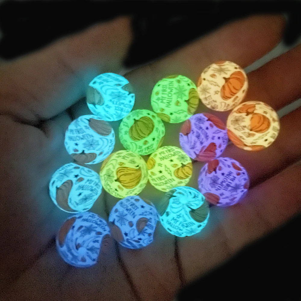 2024 New Arrival Pumpkin Printing Silicone Beads 15MM Glowing In The Dark Halloween Ball For Pen Making Jewelry Necklaces