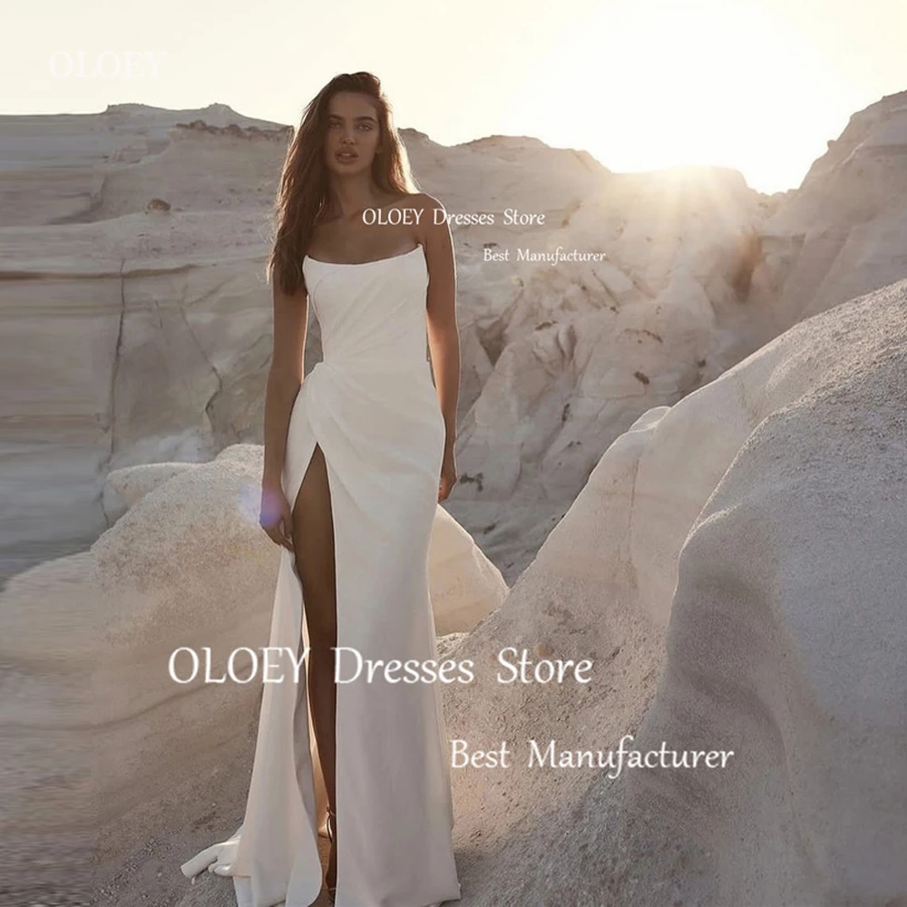 

OLOEY Simple Strapless Mermaid Wedding Dresses Beach Pleats Split Sexy Women Chiffon Bridal Gowns Robe de mariage